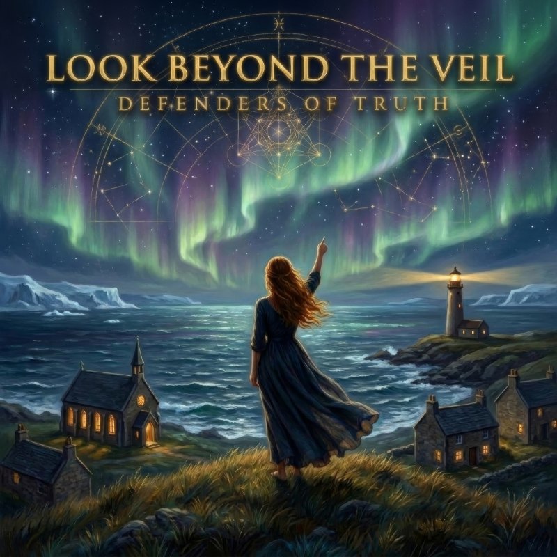 Cover art for Look Beyond The Veil — a woman on a hilltop pointing north under the northern lights and a golden star map