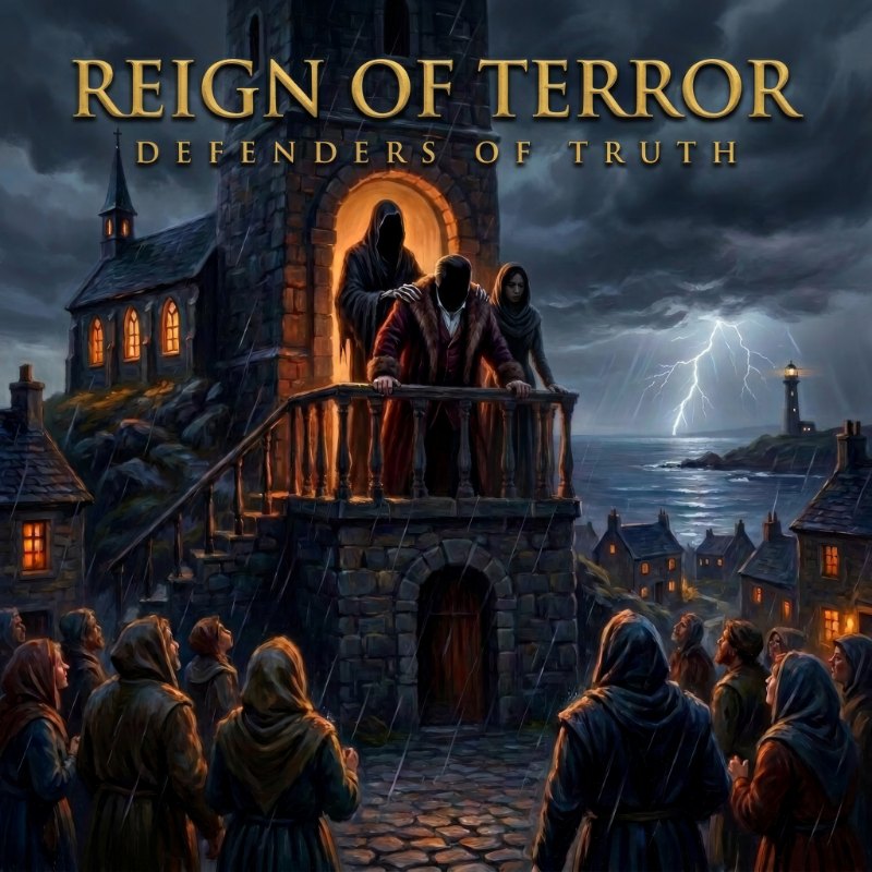 Cover art for Reign of Terror — townspeople in the rain looking up at a robed figure on a tower balcony, with a hooded shadow behind him