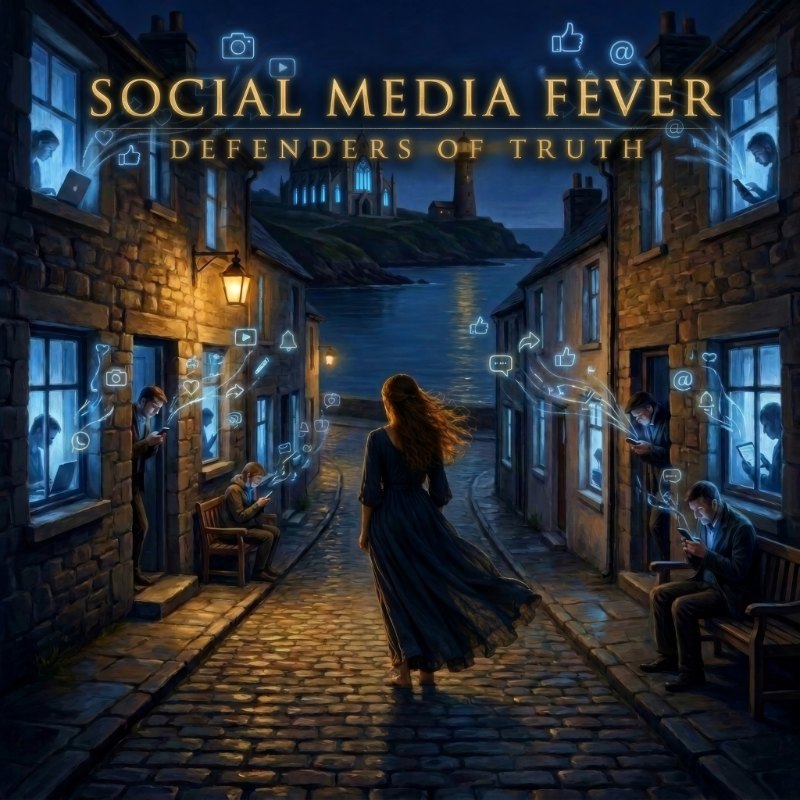 Cover art for Social Media Fever — a woman walking down a cobbled street at night as blue light glows from the windows