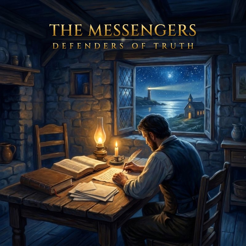 Cover art for The Messengers — a man writing letters by lamplight at night beside an open Bible, the lighthouse and chapel seen through the window